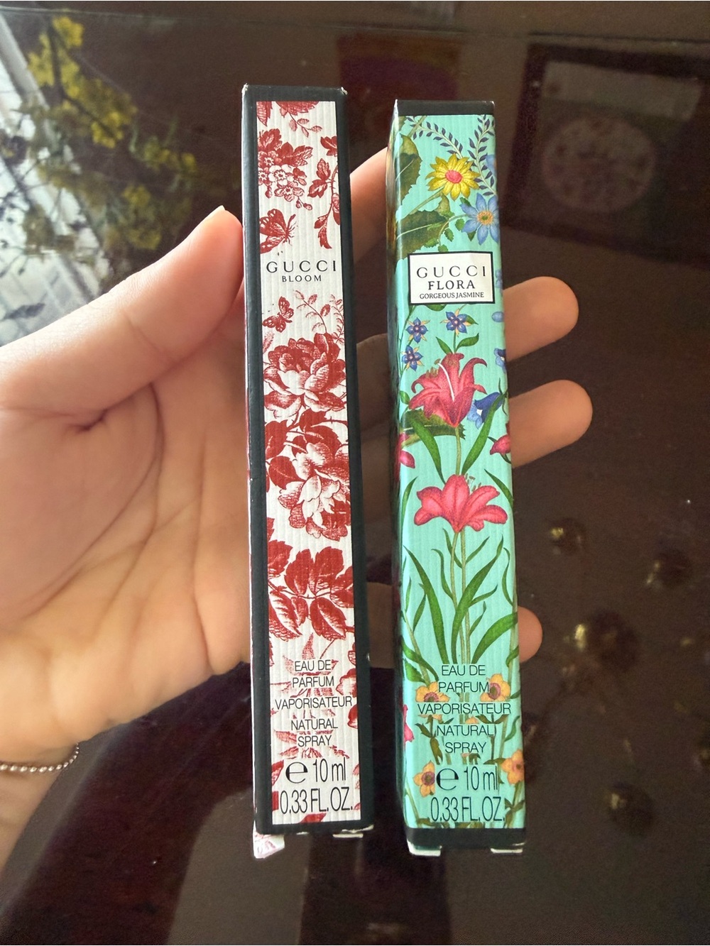 Gucci Bloom & Gucci Flora Travel Sprays — Red Floral & Teal Floral Packaging
